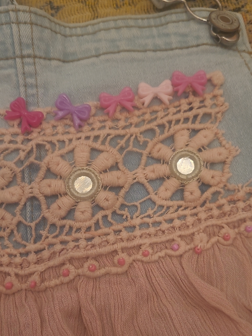 Light Wash Embroidered Women’s Denim Overalls with Pink Trim - Picture 9 of 12